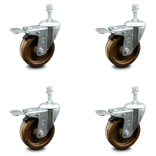 Stainless Steel High Temp Phenolic Swivel Threaded Stem Caster Set 4 w/3 x 1.25 Brown Wheels & 10MM Metric Stems-Includes 2 w/Top Locking Brake-1200 lbs Total Capacity-Service Caster Brand Stainless Steel High Temp Phenolic Swivel Threaded Stem Caster Set 4 w/3 x 1.25 Brown Wheels & 10MM Metric Stems-Includes 2 w/Top Locking Brake-1200 lbs Total Capacity-Service Caster Brand
